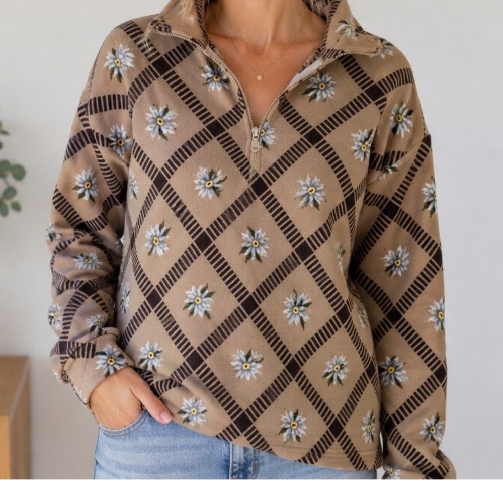 Conte of Florence Womens Tan Floral Grid Fleece Quarter Zip Pullover Top Medium